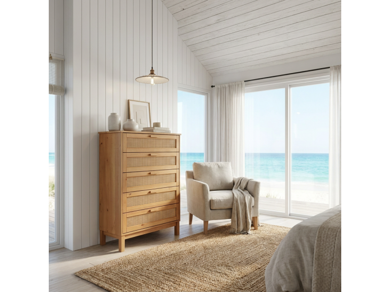Cômoda Acapulco 5 Gavetas em Madeira Maciça com Rattan | Cor cera natural 